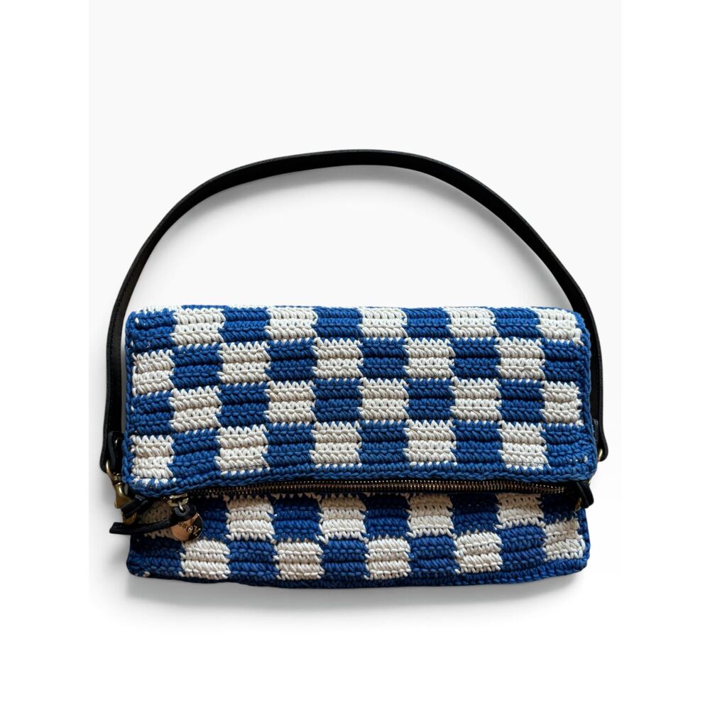 Clare V Flat Clutch Tabs Blue Cream Crochet Checker Bag